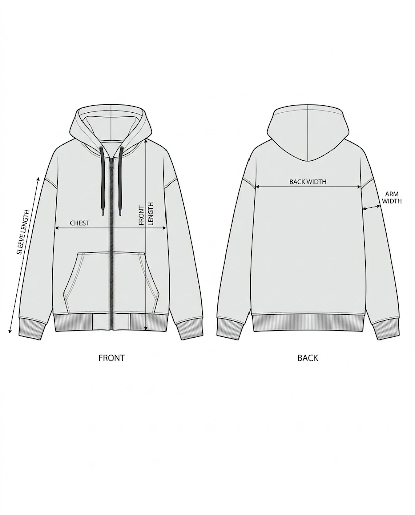 Zip-up hoodie front and back with the measurement lines: chest, front length, sleeve length, back width and arm width